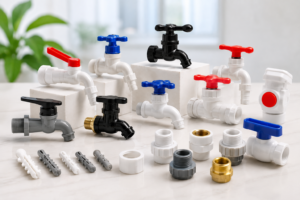 Plumbing hardware display with clean lines